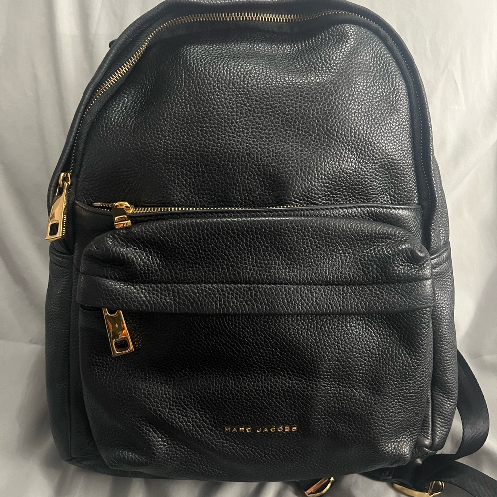 Marc Jacobs Black Pebbled Leather Backpack with Gold Accents
